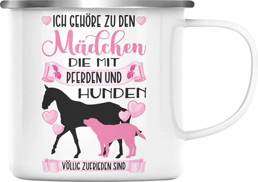 Trendation - Pferd Hund Emaille Tasse Geschenk Mädchen Reiterin Geschenkidee Rosa Emaille Emaille Tasse Reiten Lustiger Spruch (Silber)