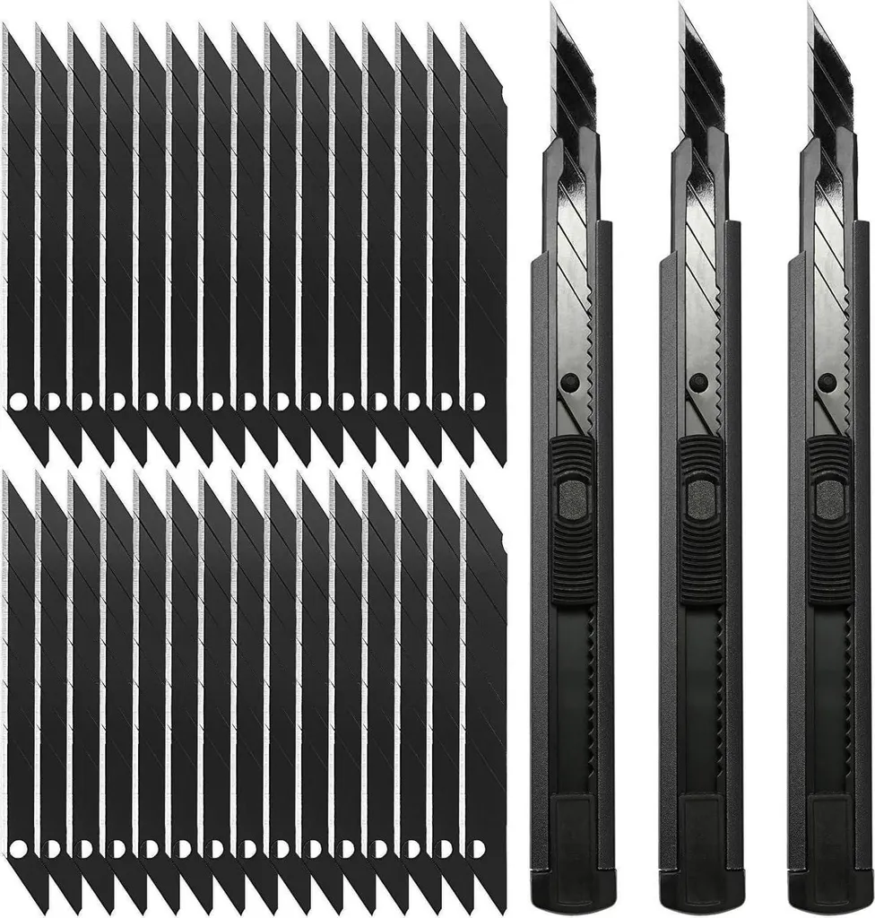 Cutter Professionnel Anti-Casse avec 30 Lames de Rechange : Set de 3 Noir