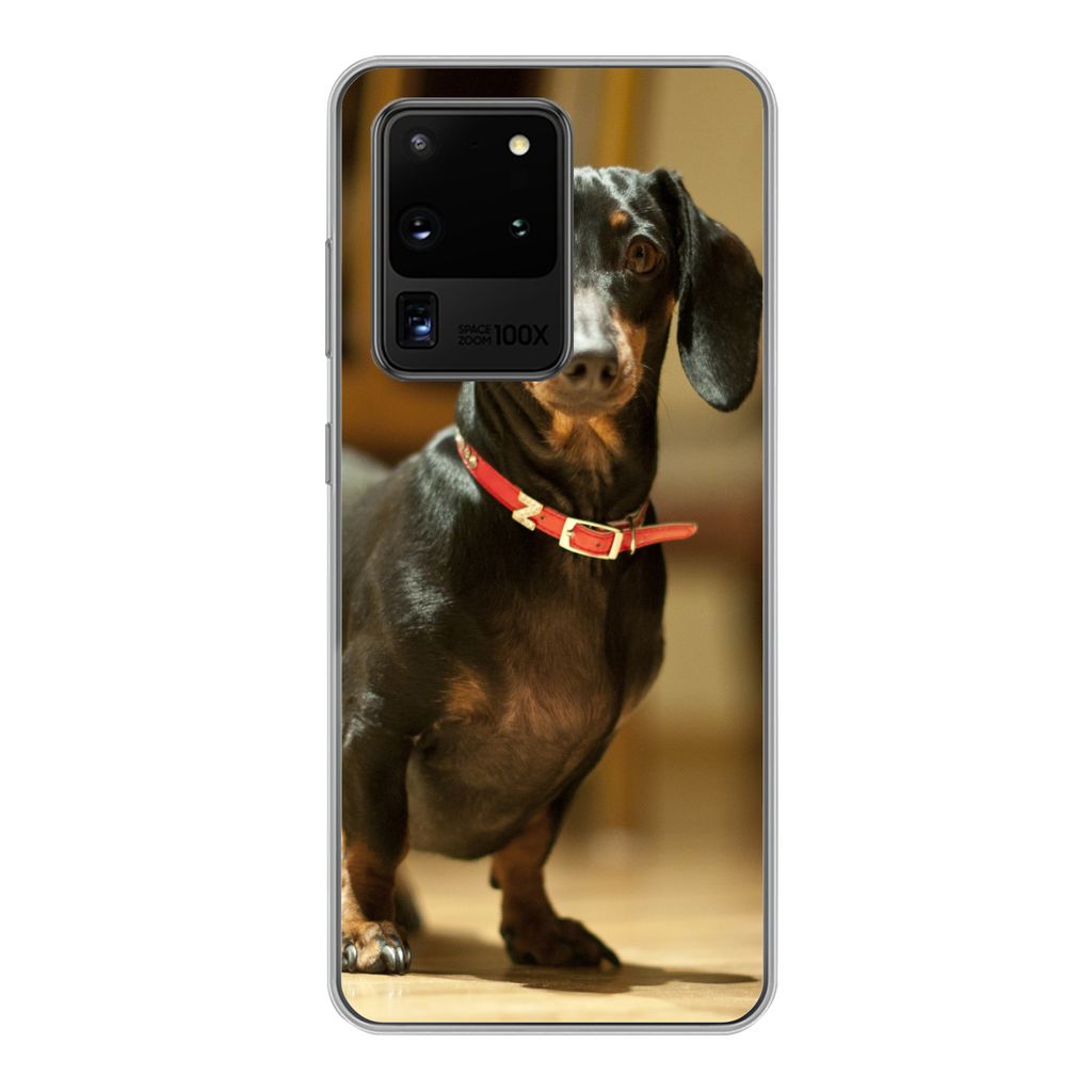MuchoWow Handyhülle Schutzhülle Hülle für Samsung Galaxy S20 Ultra Porträt eines schwarzen Dackels Silikon Softcase Handy Hülle - Karteninh...