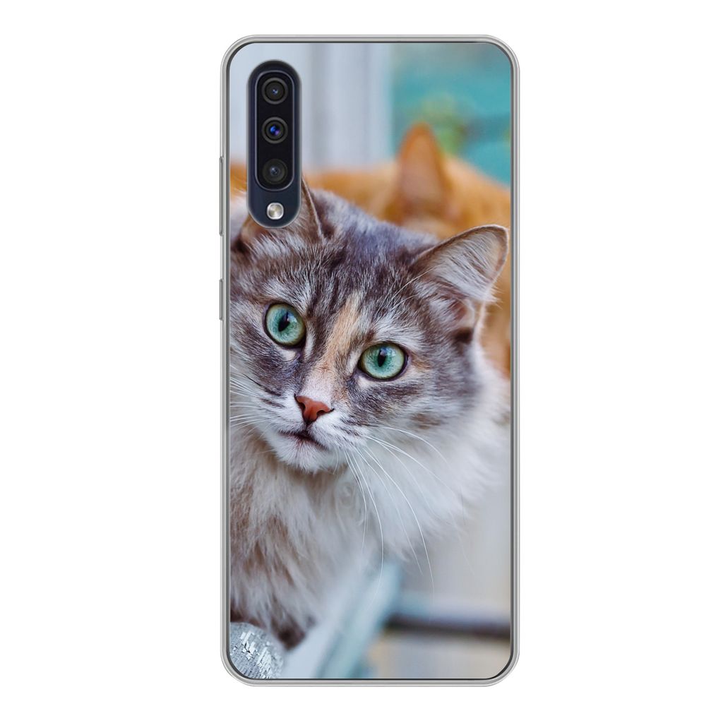 MuchoWow Handyhülle Schutzhülle Hülle für Samsung Galaxy A50 Katze - Fenster - Katzen Silikon Softcase Handy Hülle - Mobiltelefonhülle