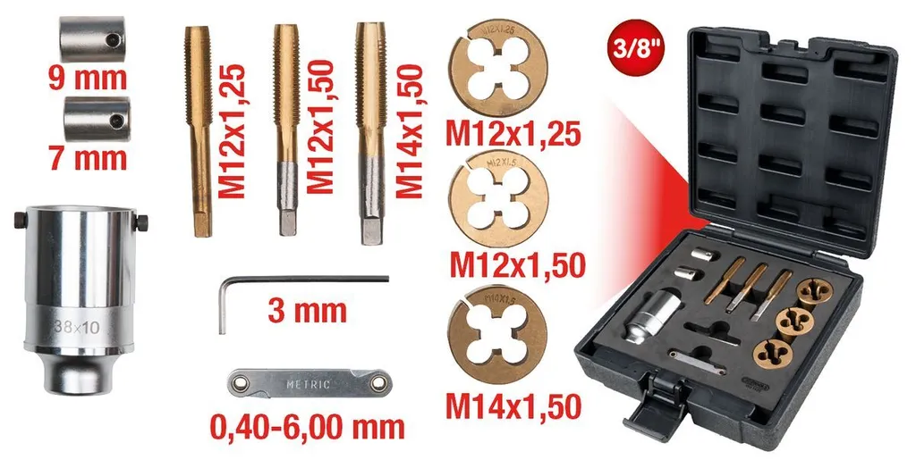 Coffret de réparation de filetage 3/8'' pour roues de voiture 11 pièces