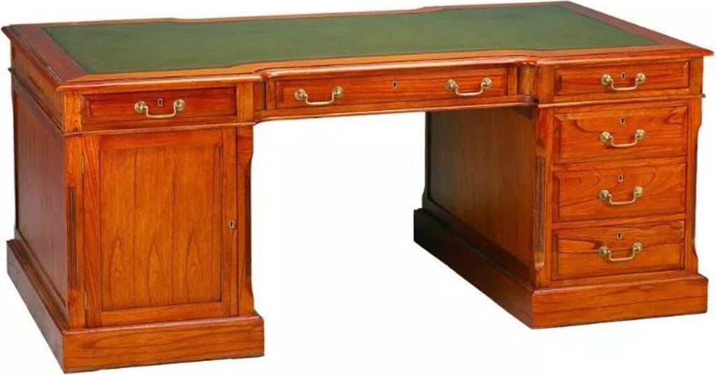 Casa Padrino Luxus Schreibtisch Hellbraun / Echtleder Grün 190 x 105 x H. 79 cm - Massivholz Antik Stil Sekretär mit 6 Schubladen