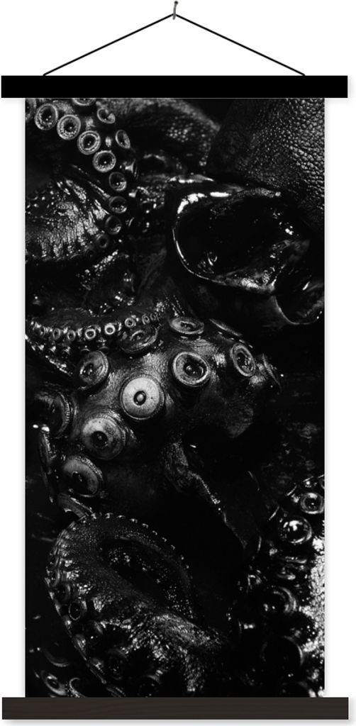 MuchoWow Textilposter Nahaufnahme Oktopus auf schwarzem Hintergrund in schwarz und weiß 60x120 cm mit schwarzem Rahmen - Magnete