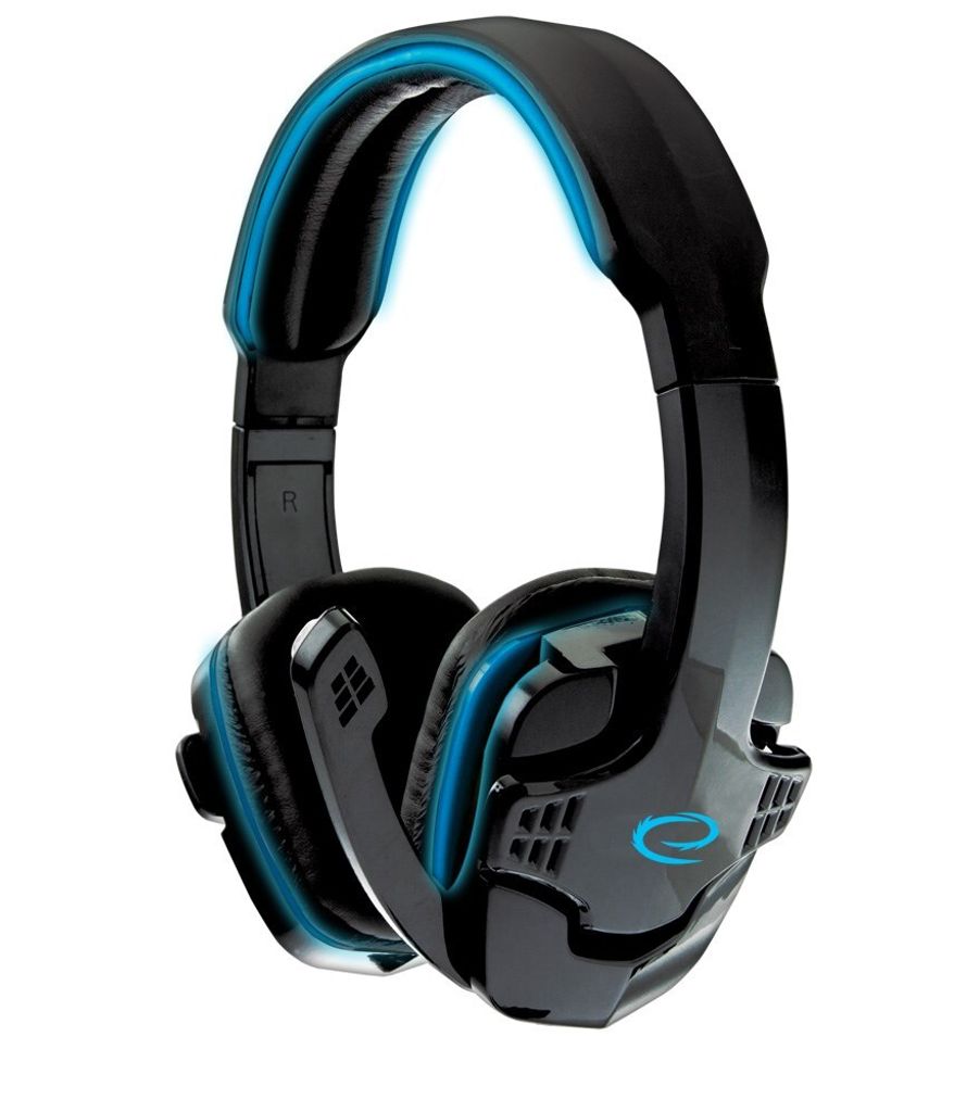 A pair of black gaming headphones with blue accents, shown against a white background.