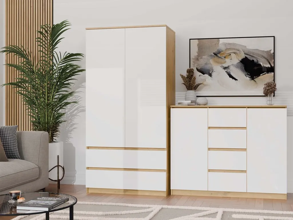 Commode large ELBE chêne artisanal et blanc pour chambre moderne - 10