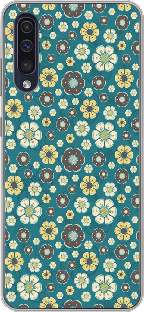 MuchoWow Handyhülle Schutzhülle Hülle für Telefoonhoesje Samsung Galaxy A30s Retro - Blumen - Muster - Blau Silikon Softcase Handy Hülle - K...
