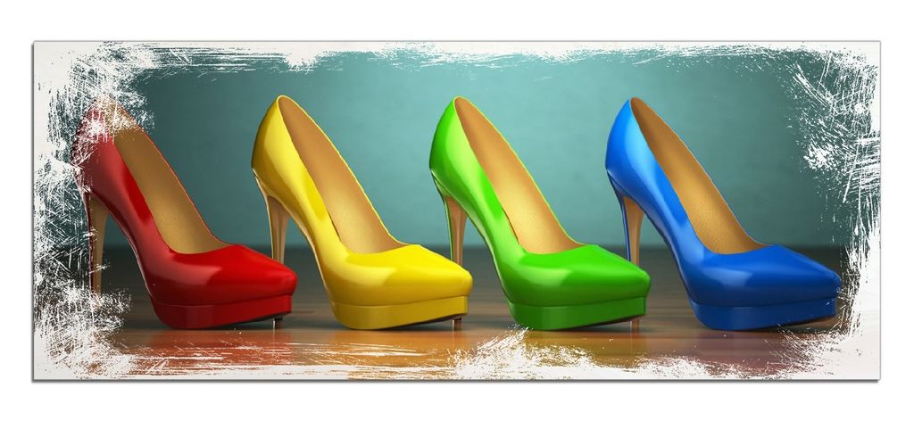 Wallario Kunstdrucke Wandbilder Holz in : Brillante Farben, Größe 50 x 125 cm Motiv Bunte Schuhe - High Heels für Frauen