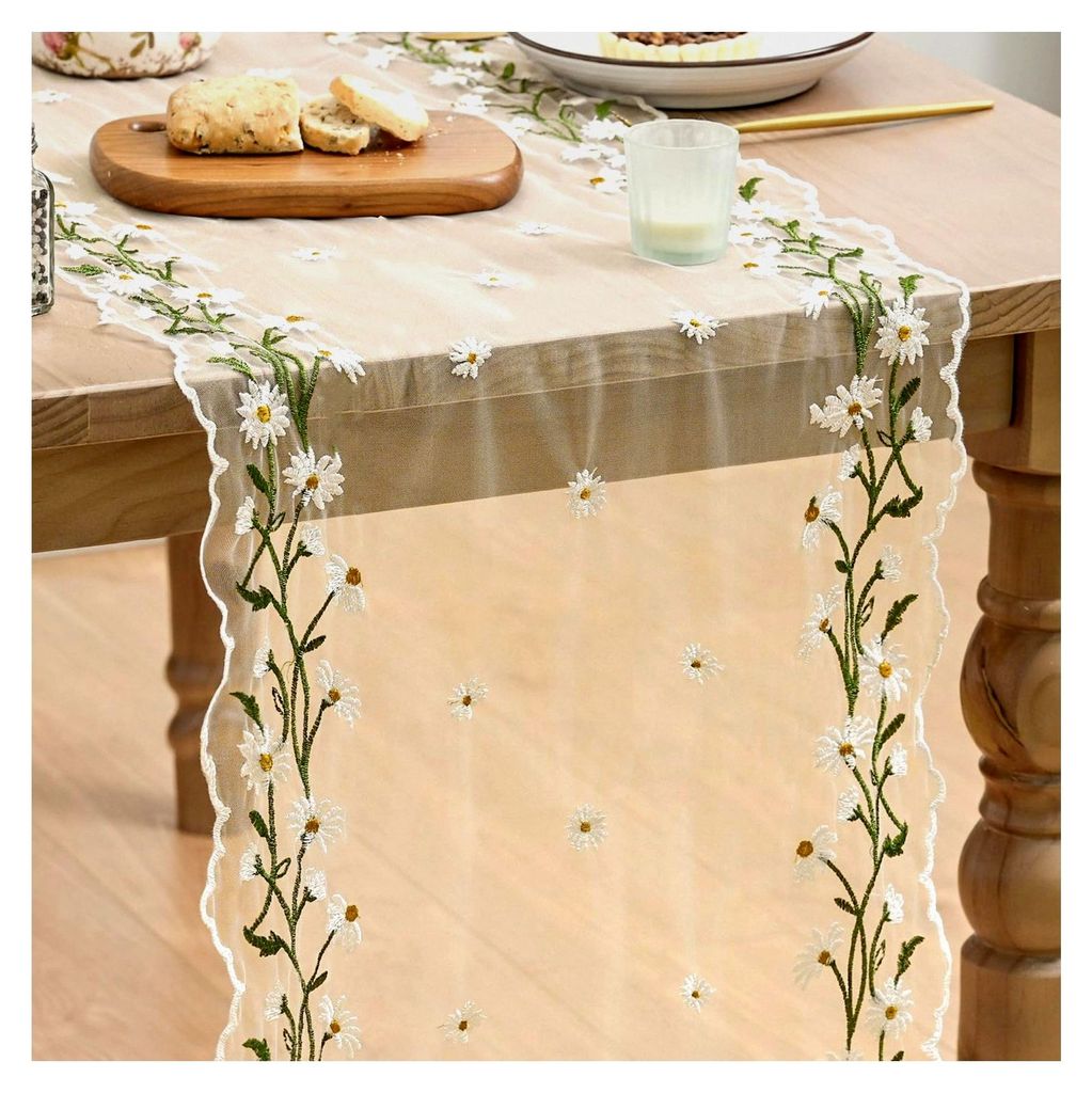 Gänseblümchen Aprikose Tüll mit Stickerei Tischläufer 40x300 cm, Tischdekoration für Küche und Feierlichkeiten
