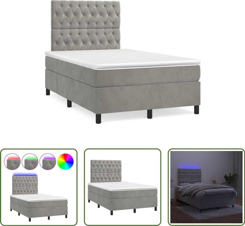The Living Store Boxspringbett mit Matratze & LED Hellgrau 120x190 cm Samt