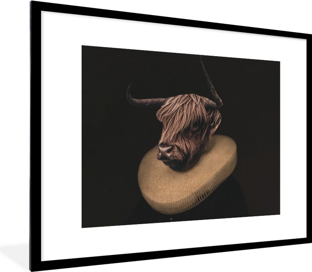 MuchoWow Gerahmtes Poster Schottischer Highlander - Gemälde - Kuh 80x60 cm - Poster mit Schwarzem Bilderrahmen Wandposter Rahmen Foto Bilder - S...