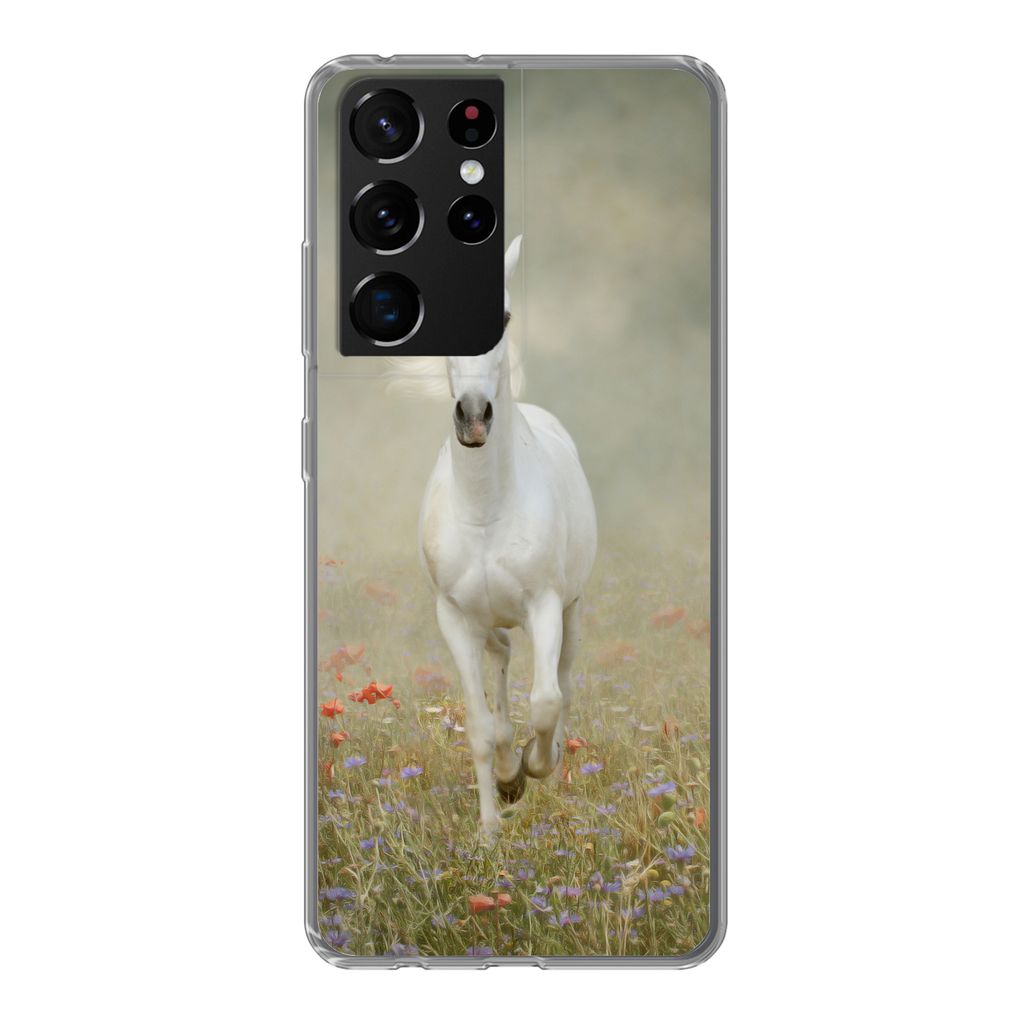 MuchoWow Handyhülle Schutzhülle Hülle für Samsung Galaxy S21 Ultra Pferd - Stoff - Blumen Silikon Softcase Handy Hülle - Mobiltelefon