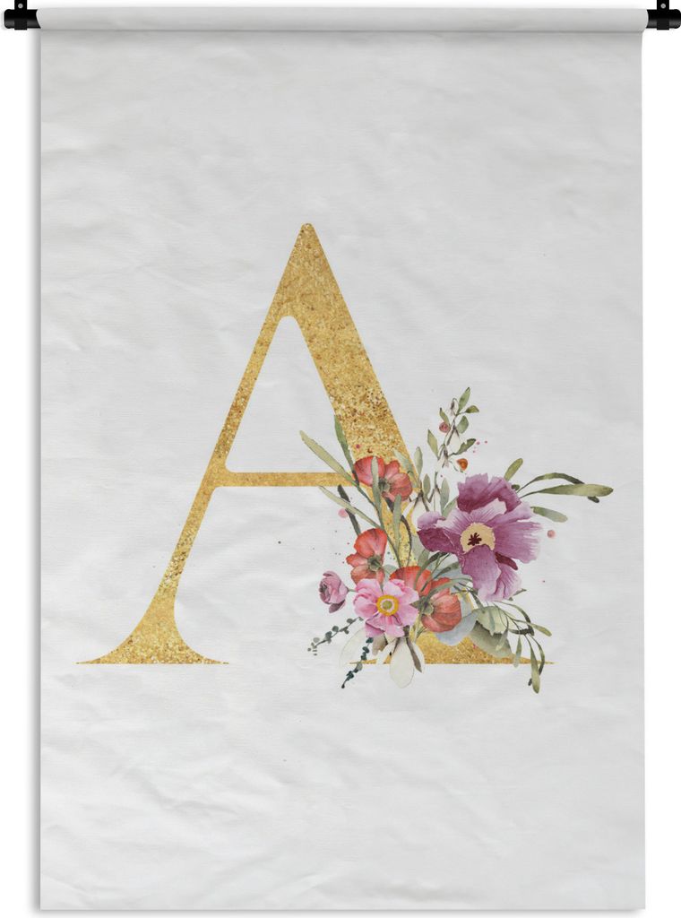 MuchoWow Wandteppich Wandbehang Blumen - Buchstabe - Gold 60x90 cm Tapisserie Dekoration Wandtuch - Foto-Teppich - Abwaschbar