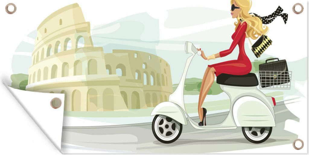 MuchoWow 80x40 cm Outdoor-Poster Gartendeko Sichtschutz Garten Poster für den Garten Illustration einer Frau auf einem Motorroller vor dem Kolos...