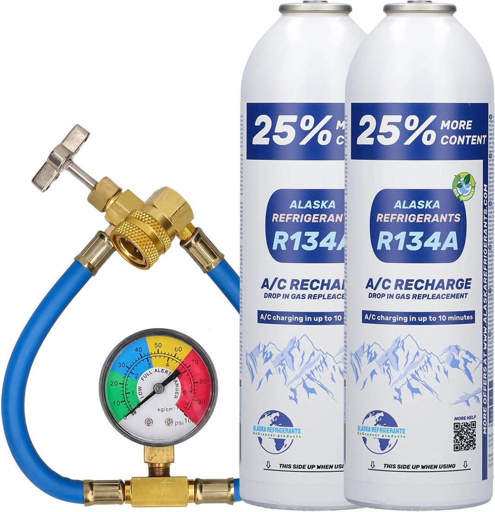 Double Kit - Alaska Refrigerants R134a Ersatzkältemittel für Fahrzeuge + Schlauch & Manometer