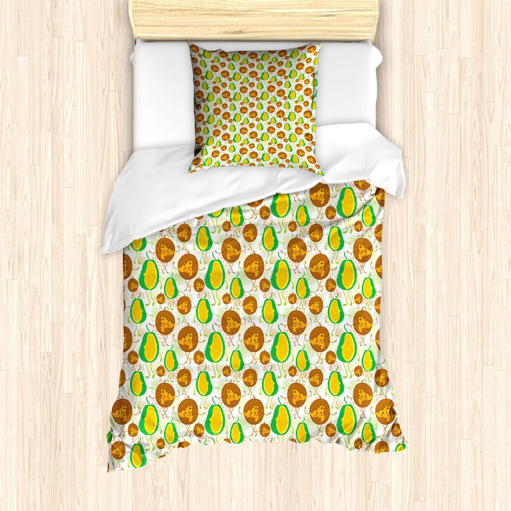 ABAKUHAUS Jackfrucht Bettbezug Set für Einzelbetten, Fröhlich Exotische Früchte, Milbensicher Allergiker geeignet mit Kissenbezug, 135 cm x 200 ...