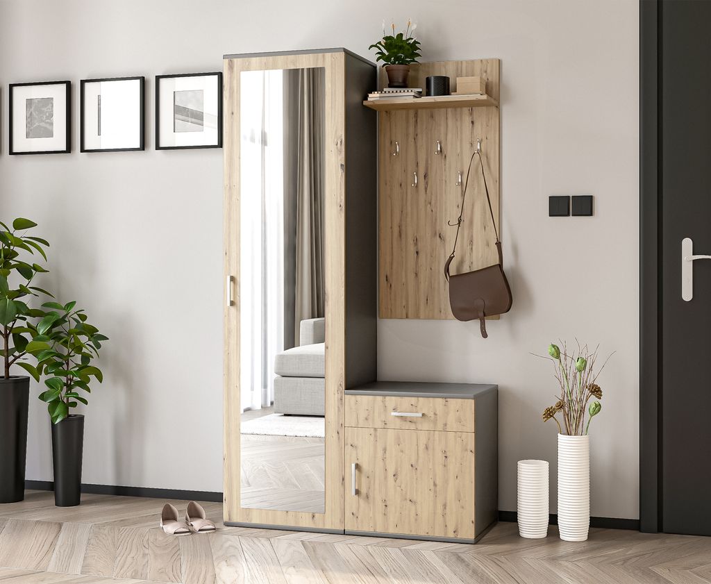 AX LIVING Garderobe mit Spiegel Magnola – 100 cm Breit, Grau & Eiche Artisan