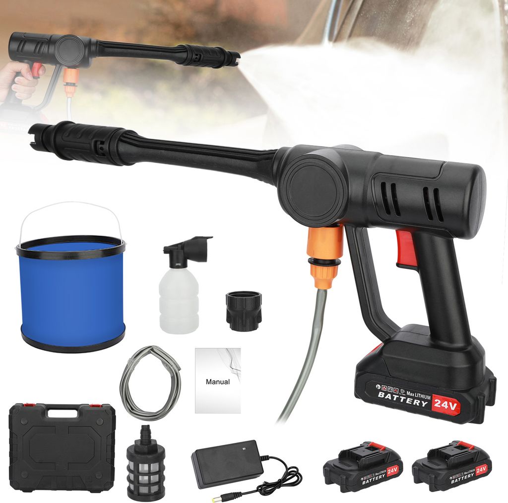Schnurlose Autowaschanlage Verstellbare Düse 2 Batterien 1 Ladegerät mit Eimer Wasserrohr 180w Waschen Metall Hochdruckstrahl Wasser waschen Rein...