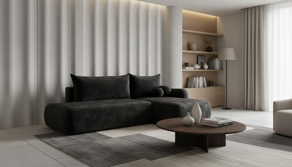 Wohnero24 Ecksofa FIRELLI Rechts 300×190 cm – Modernes Schlafsofa mit Bettkasten – Weicher Velours Stoff Schwarz– Schlaffläche 225×140 cm