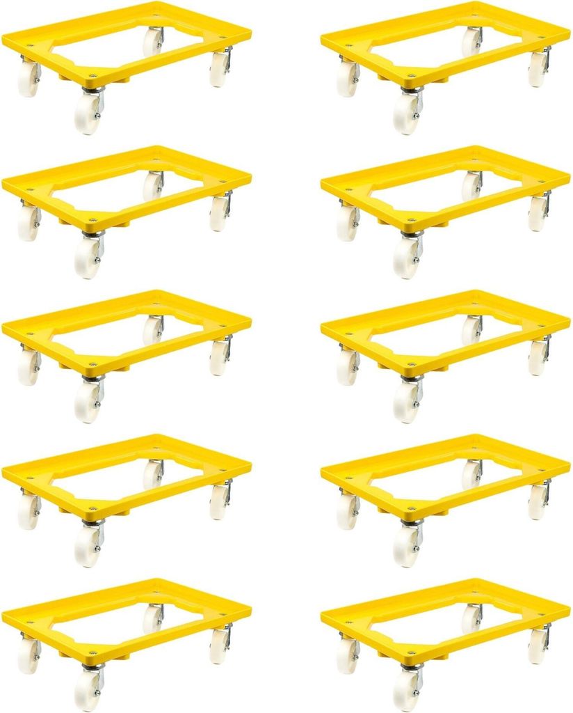 SparSet 10x Transportroller für Euroboxen 60x40cm mit Kunststoffräder gelb | Offenes Deck | 4 Lenkrollen | Traglast 300kg | Kistenroller Logistik...