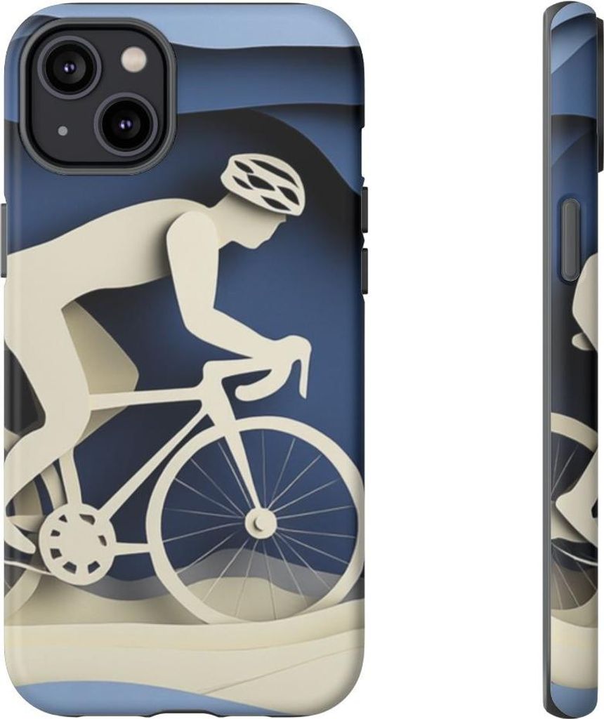 Fahrradfahrer im Scherenschnitt vor blauer Landschaft – Hülle Kompatibel mit iPhone 14 Plus