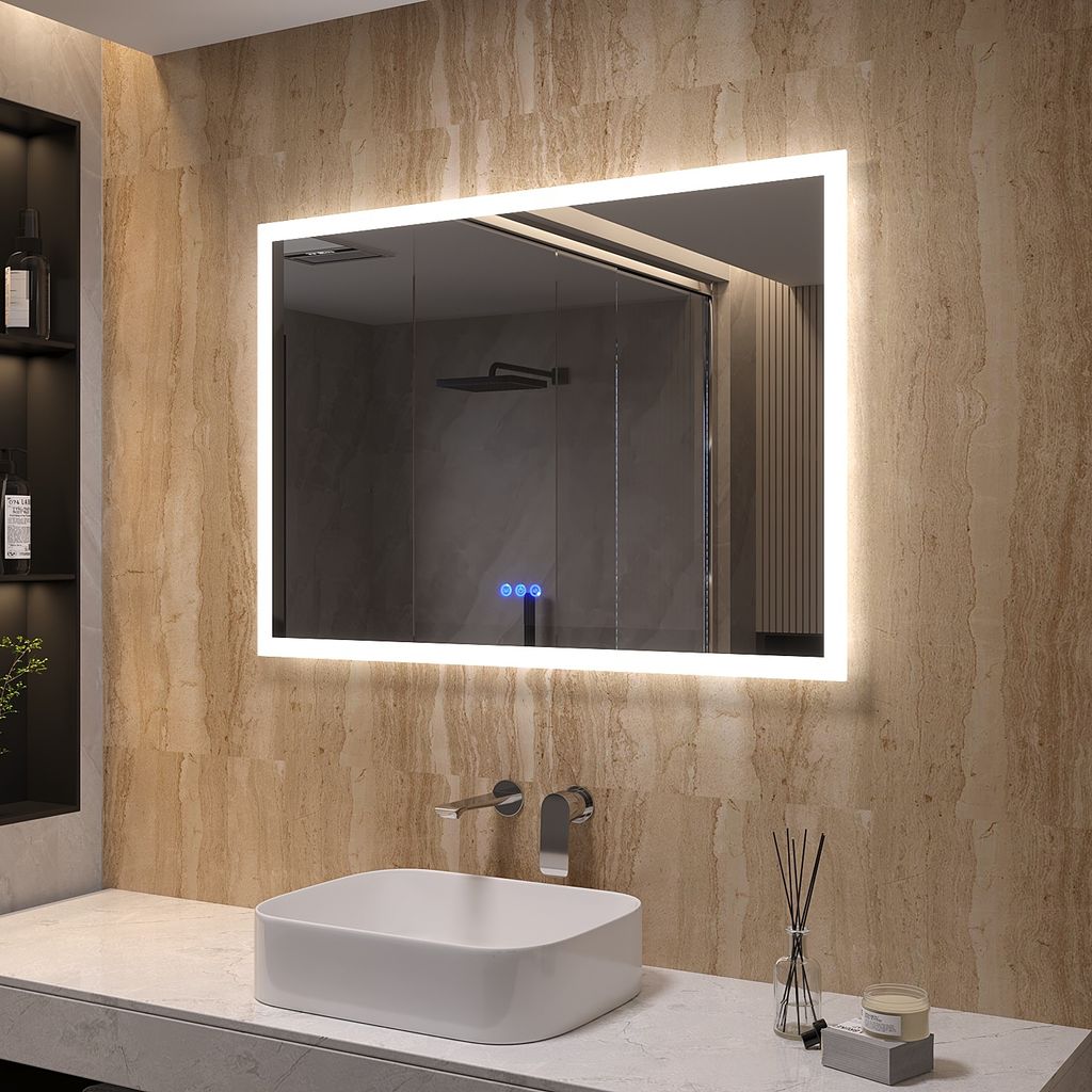Badspiegel Bad Spiegel mit LED Beleuchtung Badezimmerspiegel mit Licht LED Lichtspiegel 100x70cm 3 Lichtfarben Touch Sensor Speicher Dimmbar Spiege...