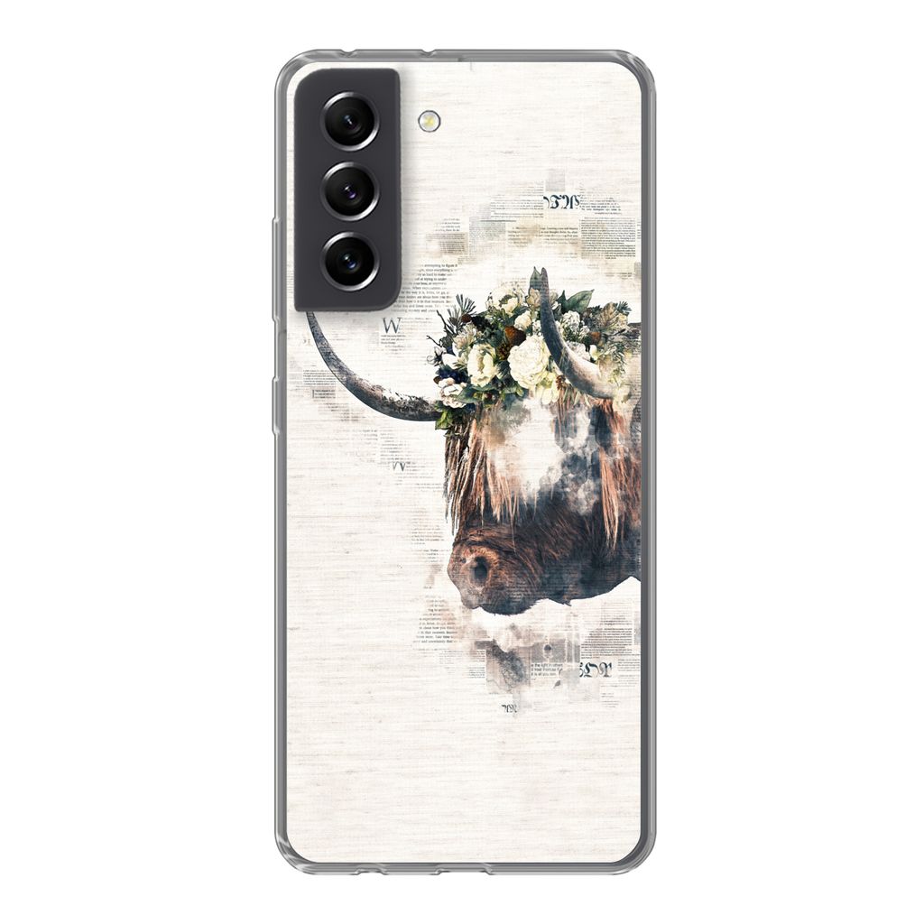 MuchoWow Handyhülle Schutzhülle Hülle für Samsung Galaxy S21 FE Schottischer Highlander - Rauch - Blumen Silikon Softcase Handy Hülle - Mobi...