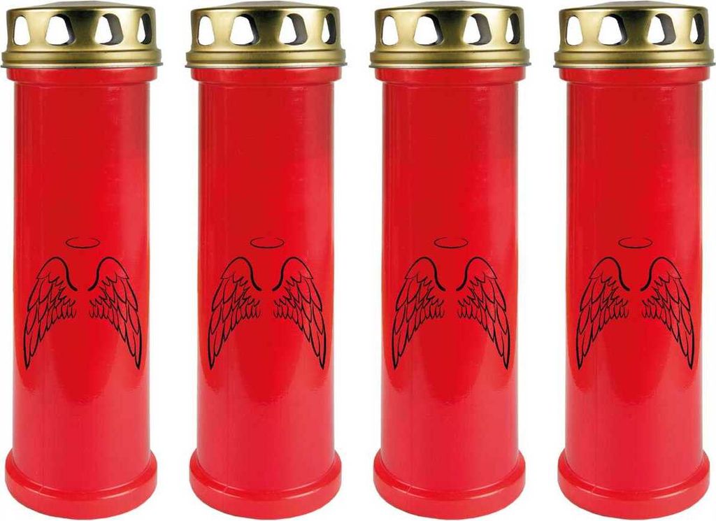 Grabkerze Rot 4er Pack, Brenndauer: 100 Stunden ( je Kerze ), Motiv: Engelsflügel
