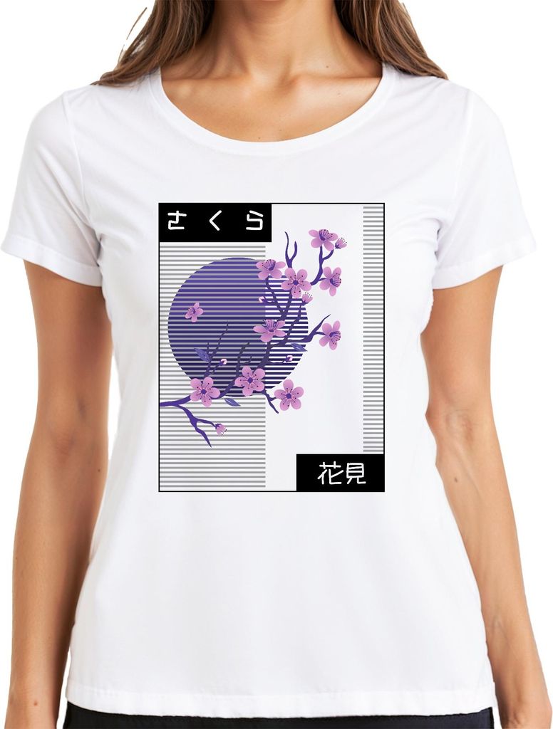 Kirschblüten Sakura さくら 花見 Hanami Japan Retro Vaporwave Nacht Damen T-Shirt, Weiß, S