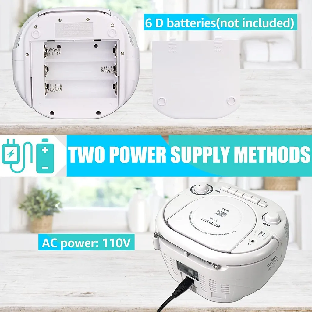 Radio CD Cassette Portable Stéréo avec Port USB et Télécommande - Blanc