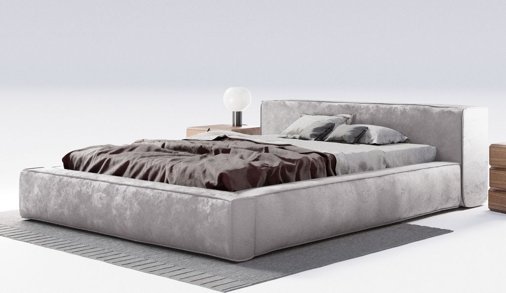 A modern upholstered bed with a headboard, two pillows, and a duvet, placed on a rug against a white background.