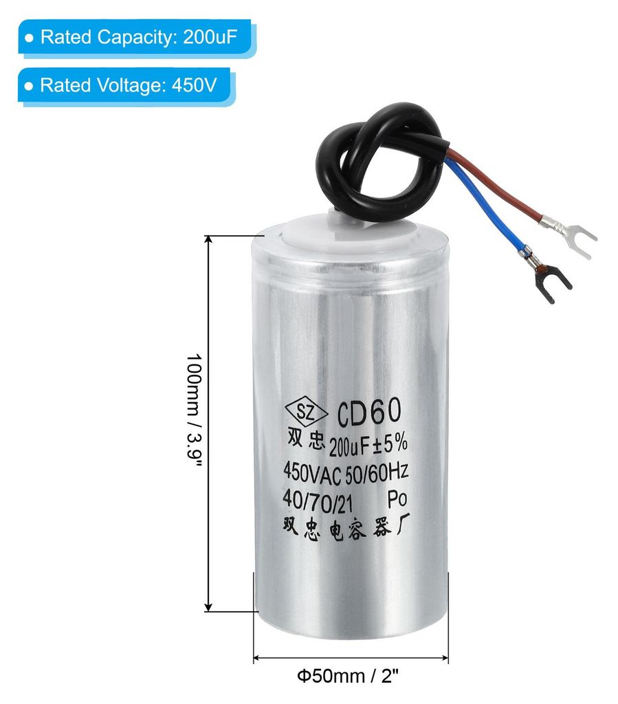 200ŠÌF Betrieb Kondensator CD60, 1 Stš¹ck 450V AC 50/60Hz Anlaufkondensator Motorkondensator Arbeitskondensator mit U-f?rmiges Kabel fš¹r Wec...