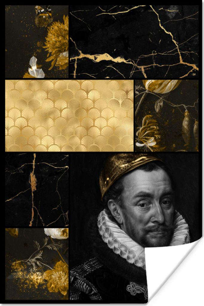 MuchoWow Poster Collage - Blattgold - Marmor - Kunst 80x120 cm - Papierdruck