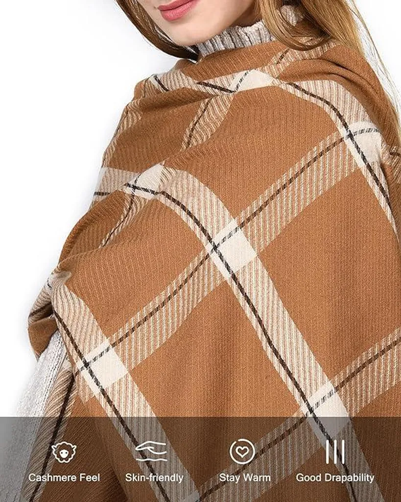 ASKSA Sciarpa Donna Oversize A Quadri Con Frange, 140x140 Cm, Morbida In Pile, Per Autunno E Inverno, Colore Arancione - 2