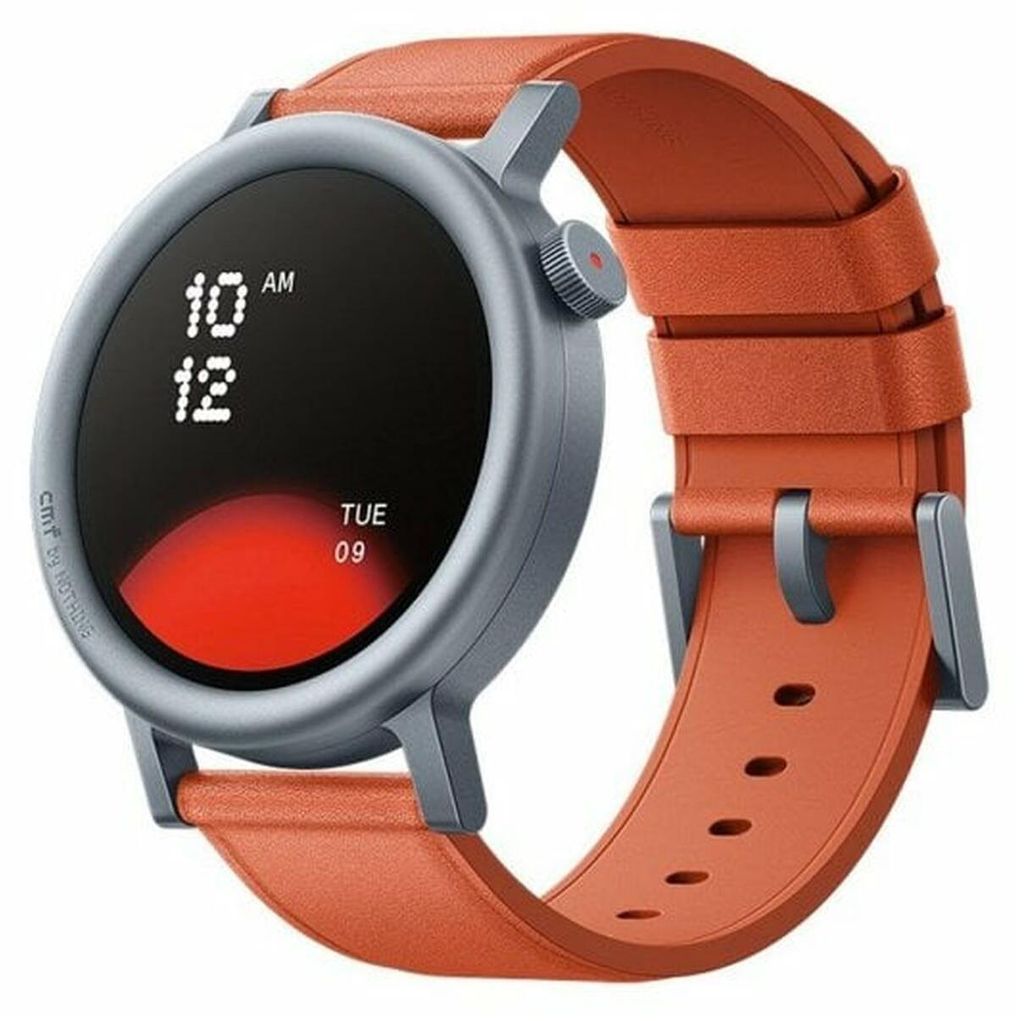 A close-up shot of a smartwatch with an orange strap.