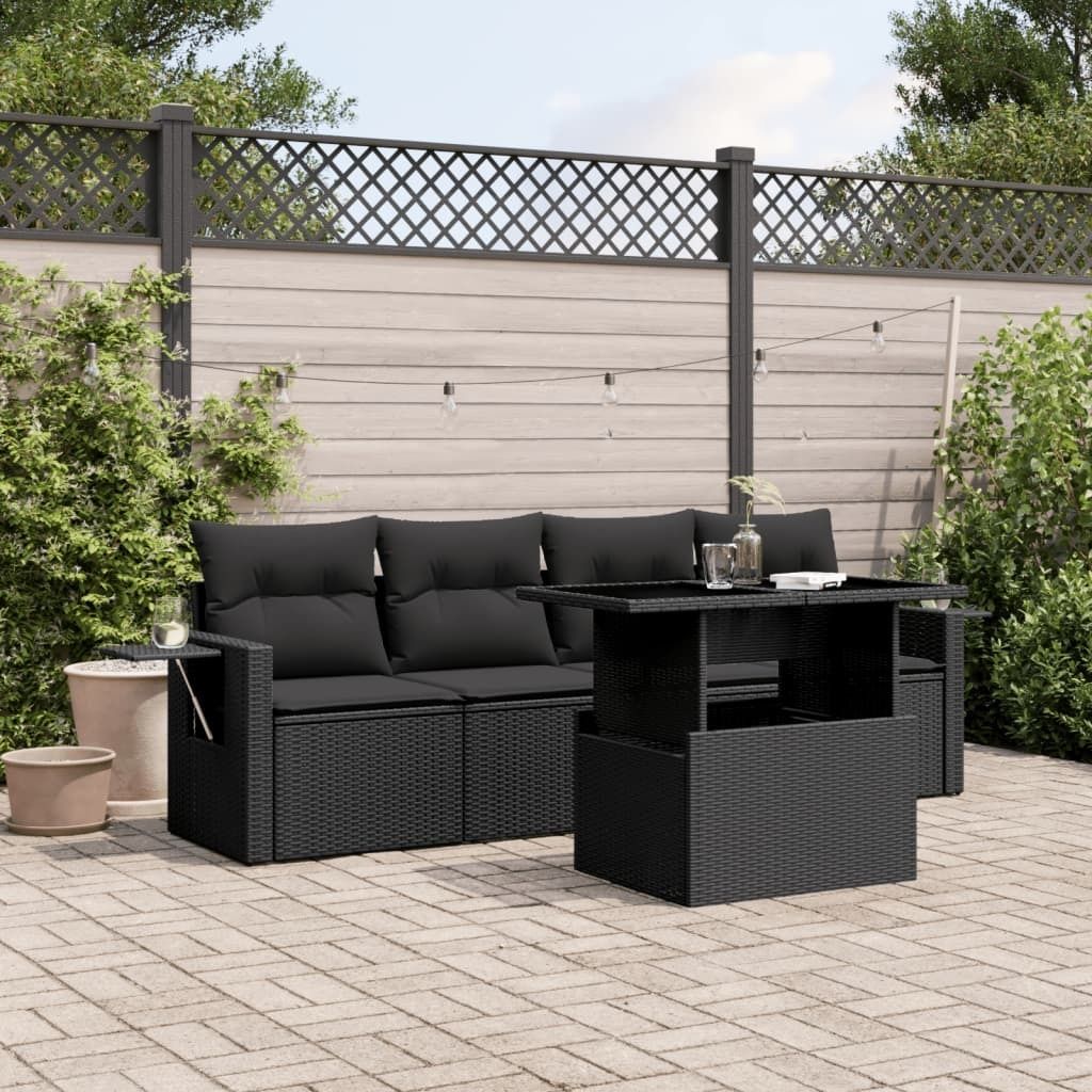"Rabatt" 5-tlg. Garten-Sofagarnitur - mit sofa - mit Kissen Schwarz Poly Rattan - Lounge-Dining set CC10432