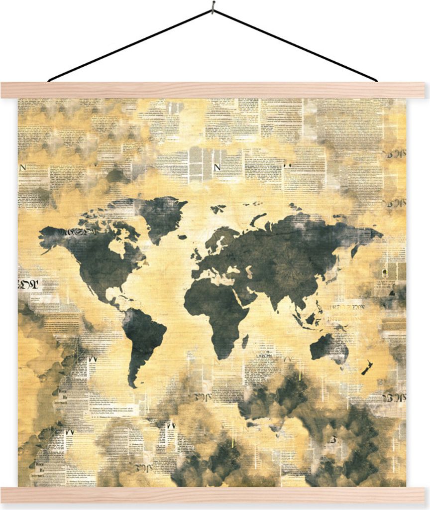 MuchoWow Textilposter Weltkarte - Vintage - Zeitungen 40x40 cm mit holzfarbenen Rahmen - Posterleiste