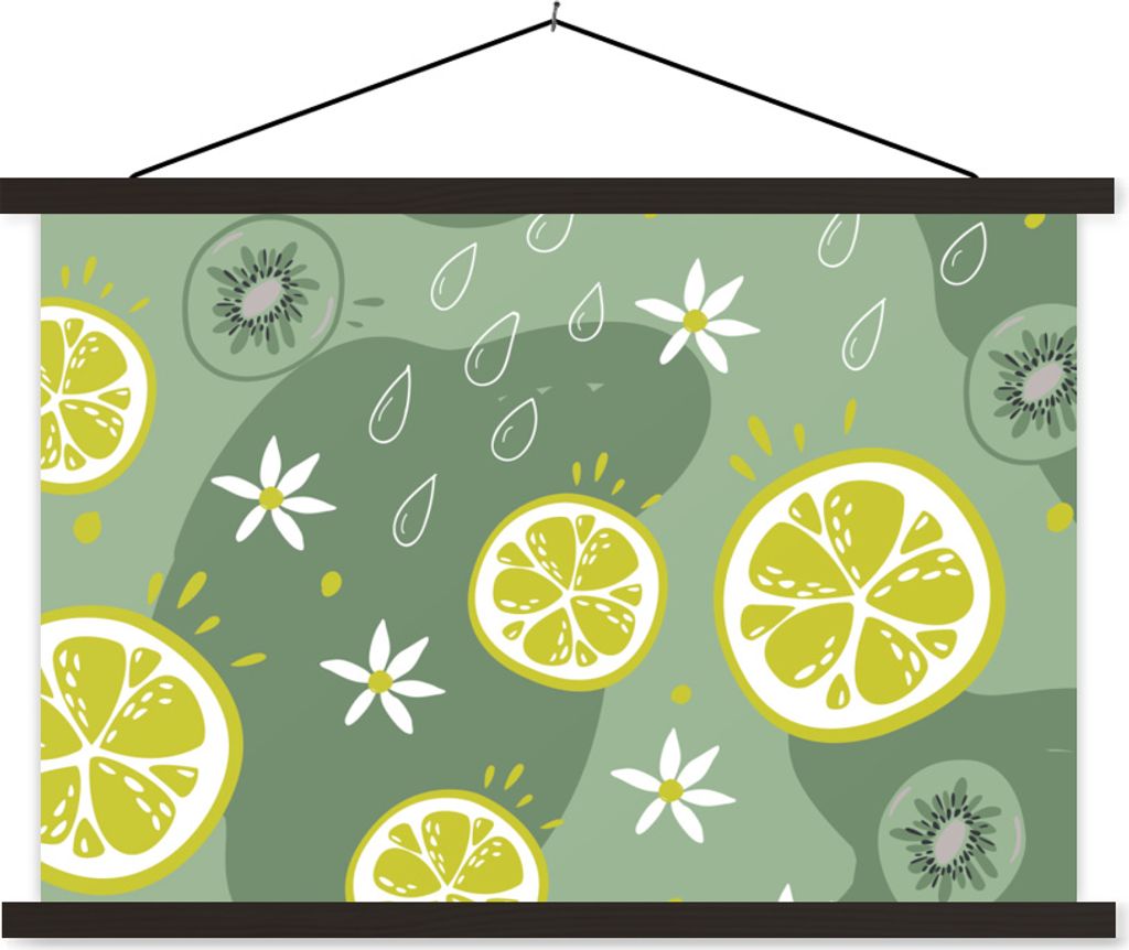 MuchoWow Textilposter Sommer - Zitrusfrüchte - Kiwi - Blumen 120x80 cm mit schwarzem Rahmen - Wanddeko