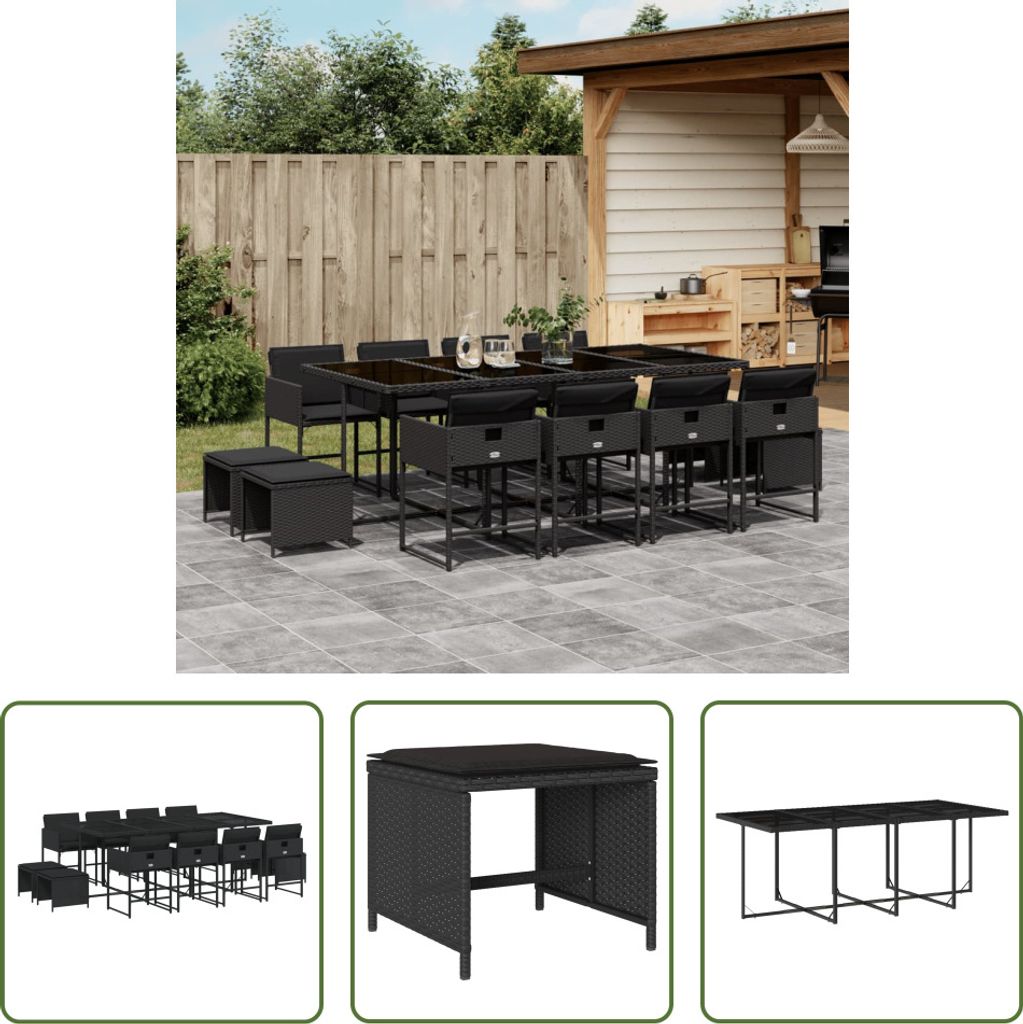 The Living Store 13-tlg. Garten-Essgruppe mit Kissen Schwarz Poly Rattan