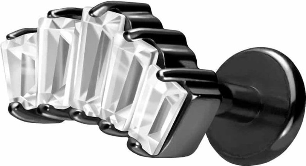 Ohrpiercing, Nasenpiercing Titan Labret mit Push Fit 5 EINGEFASSTE KRISTALLRECHTECKE Schwarz Stablänge: 7mm | Stabstärke: 1,2mm