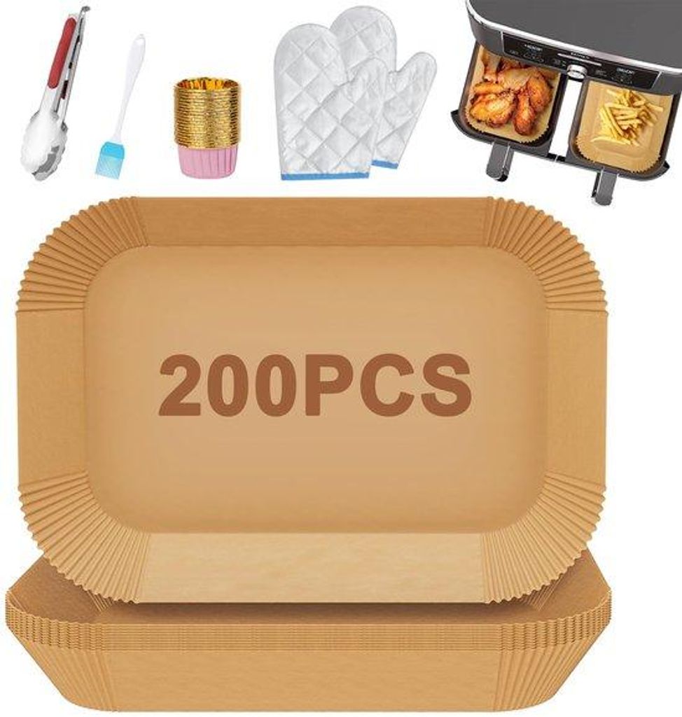 Rechthoekiges Backpapier für Heißluftfritteuse, 200 Stück, antihaft, 2-Zonen