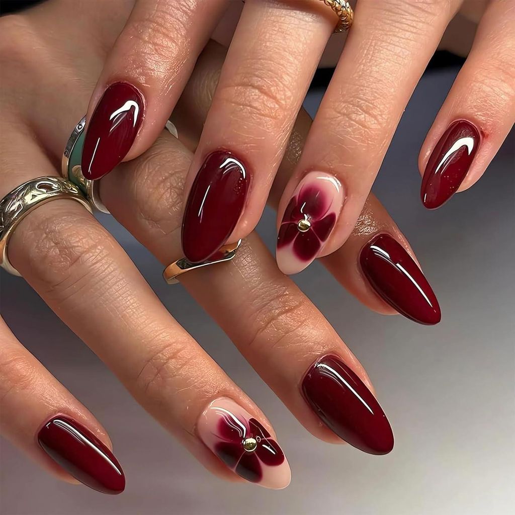 Nagel in Rot mit Blumenmuster 24-teiliges Kunstnagel-Set Mittellange Acrylnägel für Frauen DIY Maniküre Set