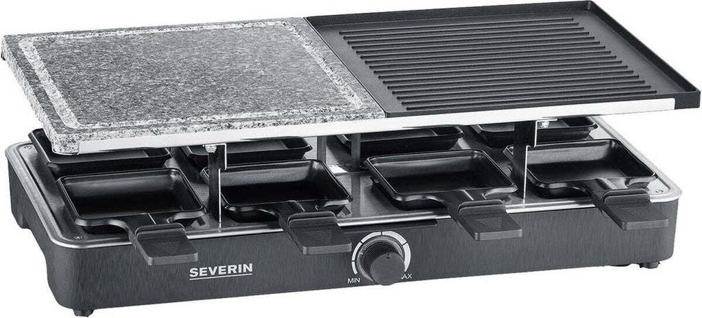 A Severin raclette grill with a stone and a grill plate.