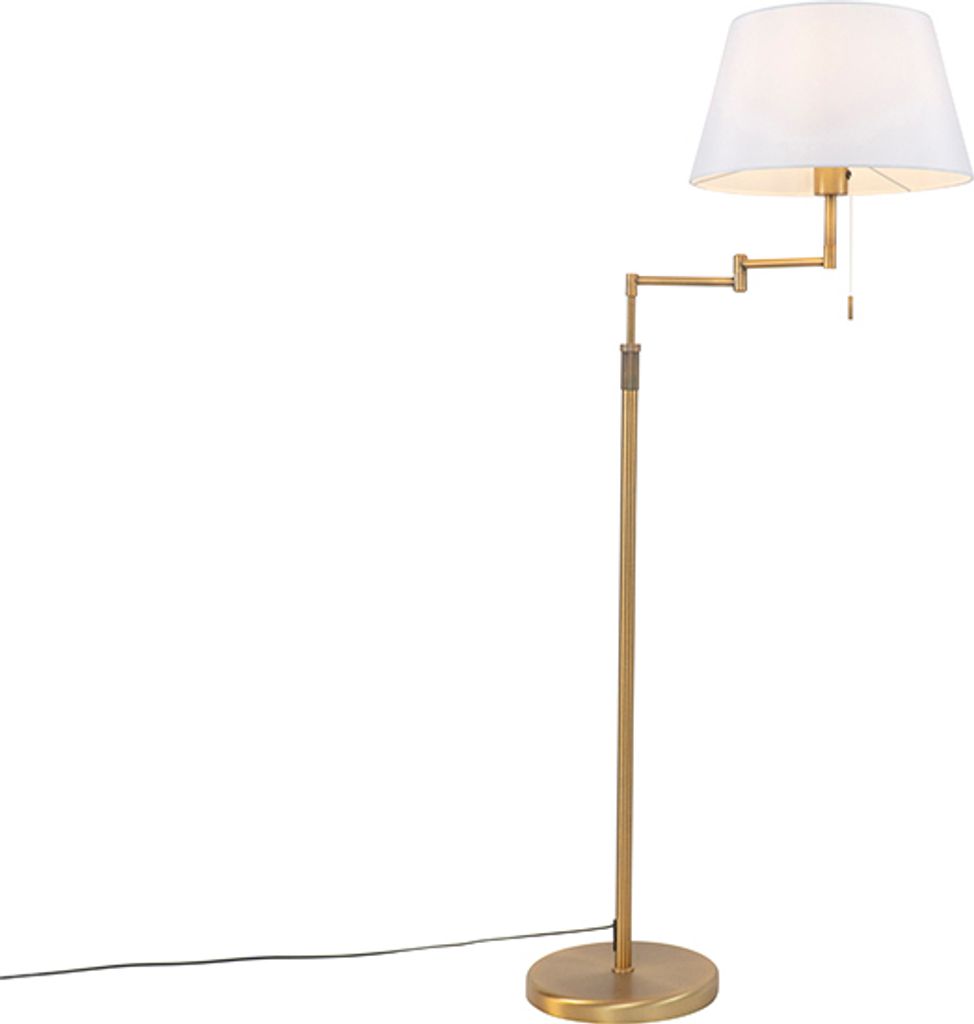 QAZQA - Modern Stehlampe Bronze mit weißem Schirm und verstellbarem Arm - Ladas Deluxe I Wohnzimmer I Schlafzimmer - Textil Rund - LED geeignet E27