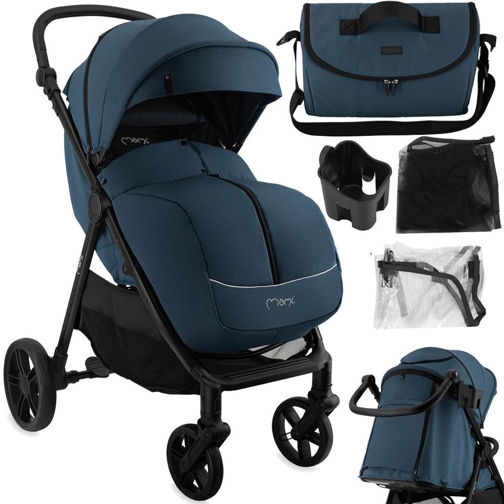 MoMi CLARA – Buggy ab Geburt, bis 22 kg, mit 4-Rad-Federung, Drehbügel & verstellbarem Schiebegriff, inkl. Tasche & Regenschutz – Blau
