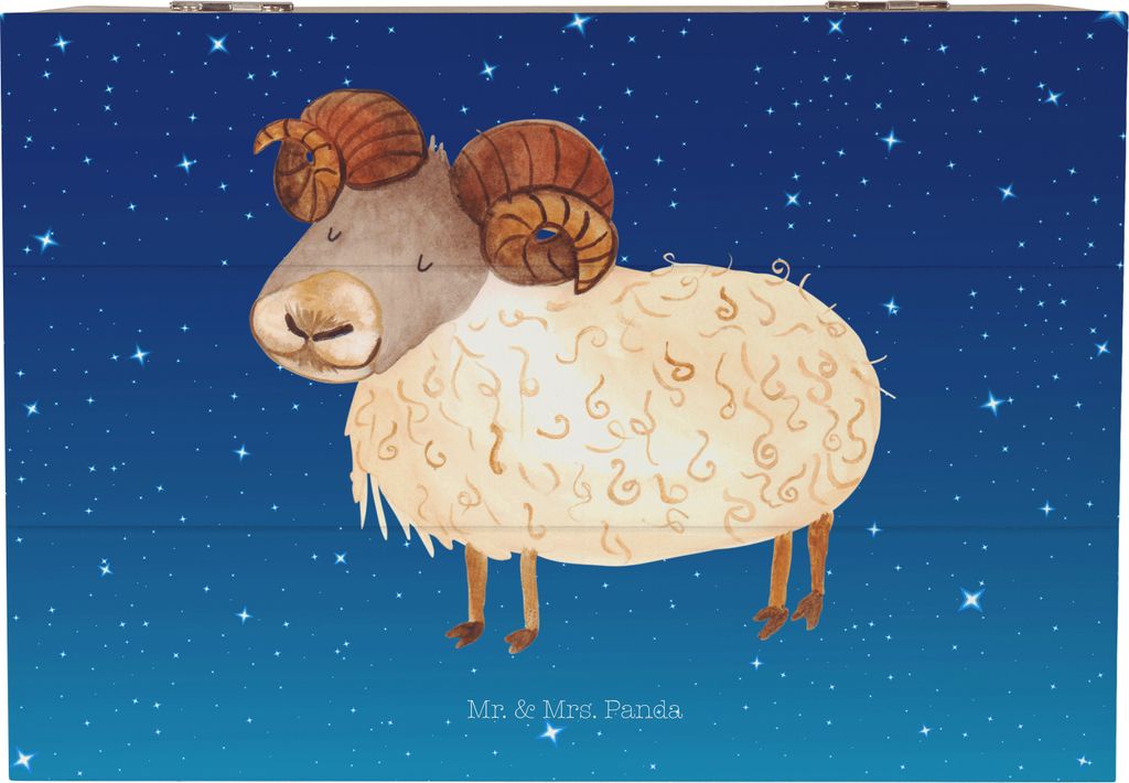 Mr. & Mrs. Panda Box Sternzeichen Widder 22 x 15 cm - Sternenhimmel Blau - Geschenk, Geburtstag April, März, Bock, Schatzkiste, Holzkiste mit Deck...