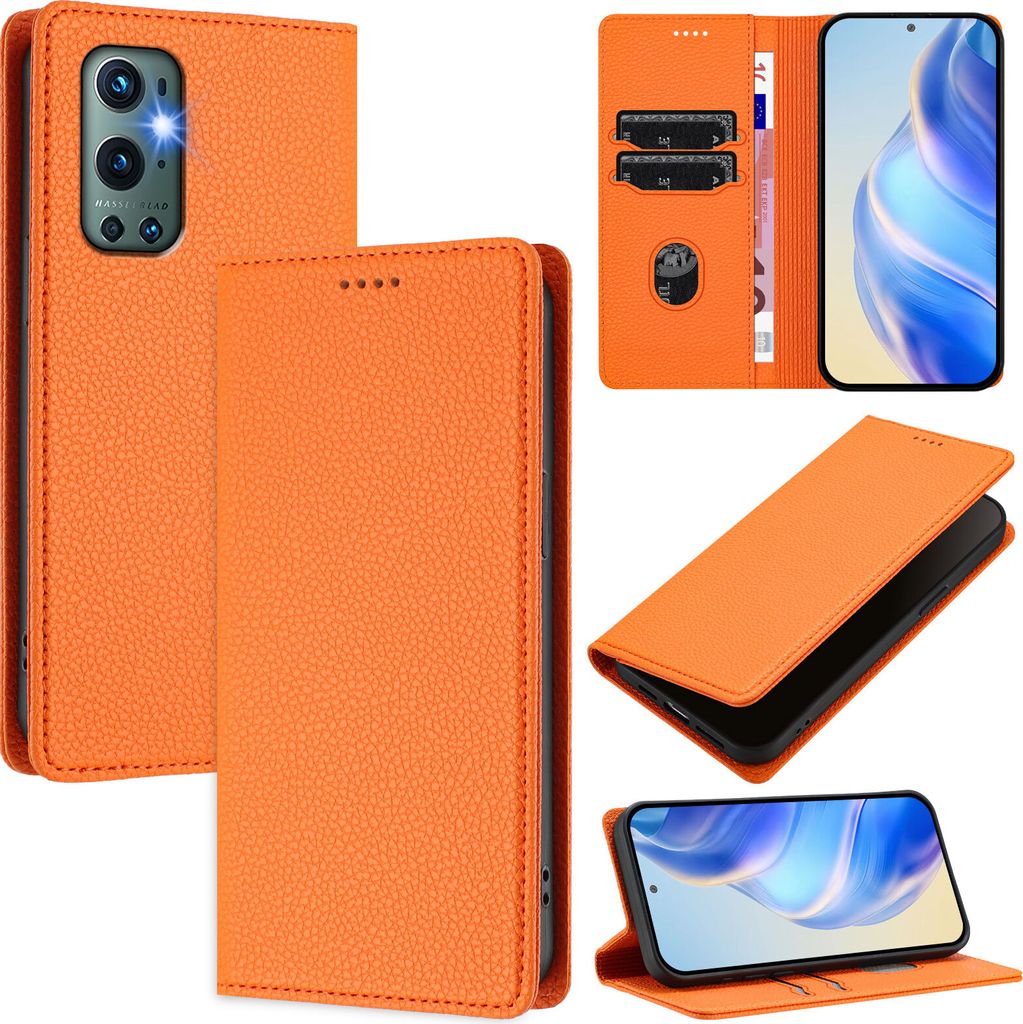 Litchi Leder Handyhülle für OnePlus 9 Pro Wallet Kartenfächer Standfunktion Hülle Orange