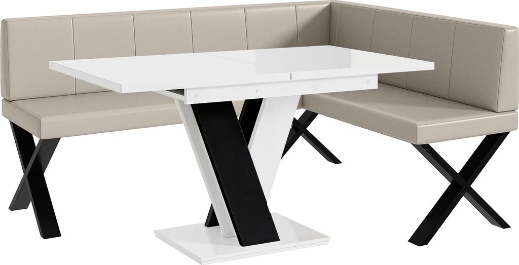 MEBLINI Eckbank für Esszimmer mit ausziehbarem Tisch - Küchenbank - Essecke - Sitzecke Küche - PETER - X-Beine 128x168x87cm Rechts - Beige Kunst...