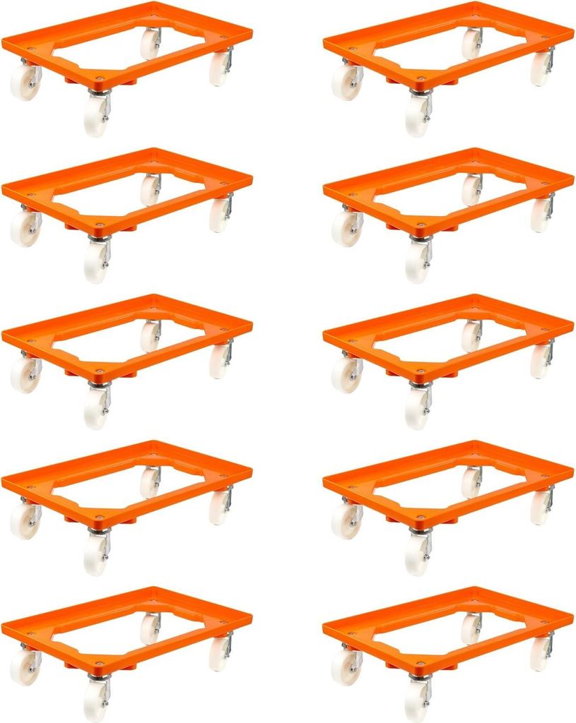 SparSet 10x Transportroller für Euroboxen 60x40cm mit Kunststoffräder orange | Offenes Deck | 2 Lenkrollen & 2 Bockrollen | Traglast 300kg | Kist...