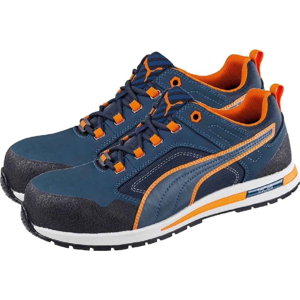A pair of blue and orange Puma safety shoes are shown against a white background.