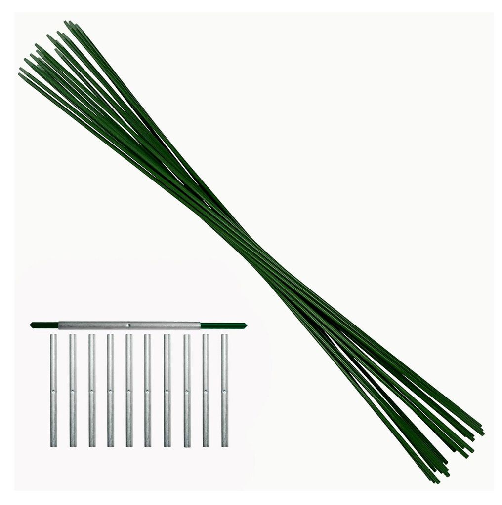 10 grüne stabile Rankstäbe 200 cm (2 Meter) 7 mm Durchmesser aus Glasfaser mit 20 x 1 m und 10 Steckhülsen 150 mm flexibel, nicht biegsam